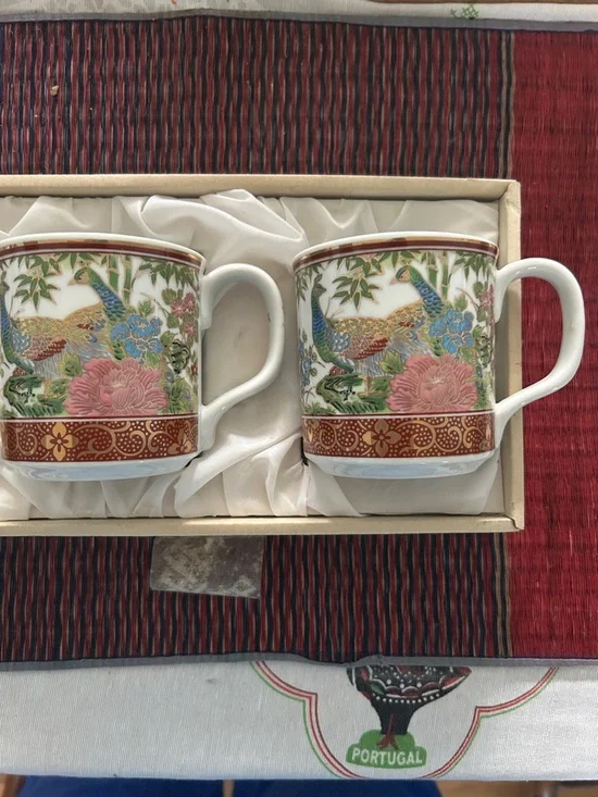 Porcelain Peacock Floral Mug Set - White and Multicolor - Picture 2 of 3